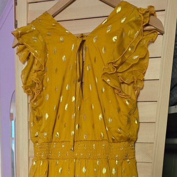 Lulus Cause to Celebrate Yellow and Gold Dot Ruffled Tiered Midi Dress (M) - Picture 8 of 8